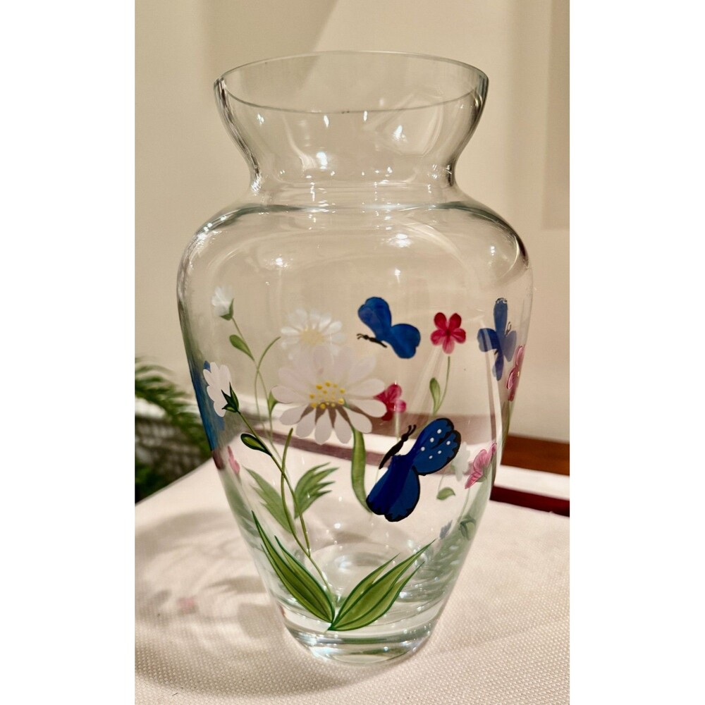 Lenox Butterflies and Blossoms Hand Painted Glass Vase - 8 1/2" Tall
